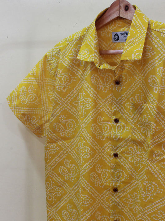 Cotton Half Sleeve Bandhej Haldi Print Shirt for Men