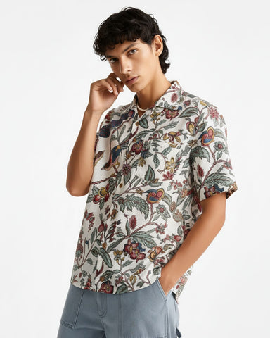 Jungle Print Cuban Collar Shirt for Men