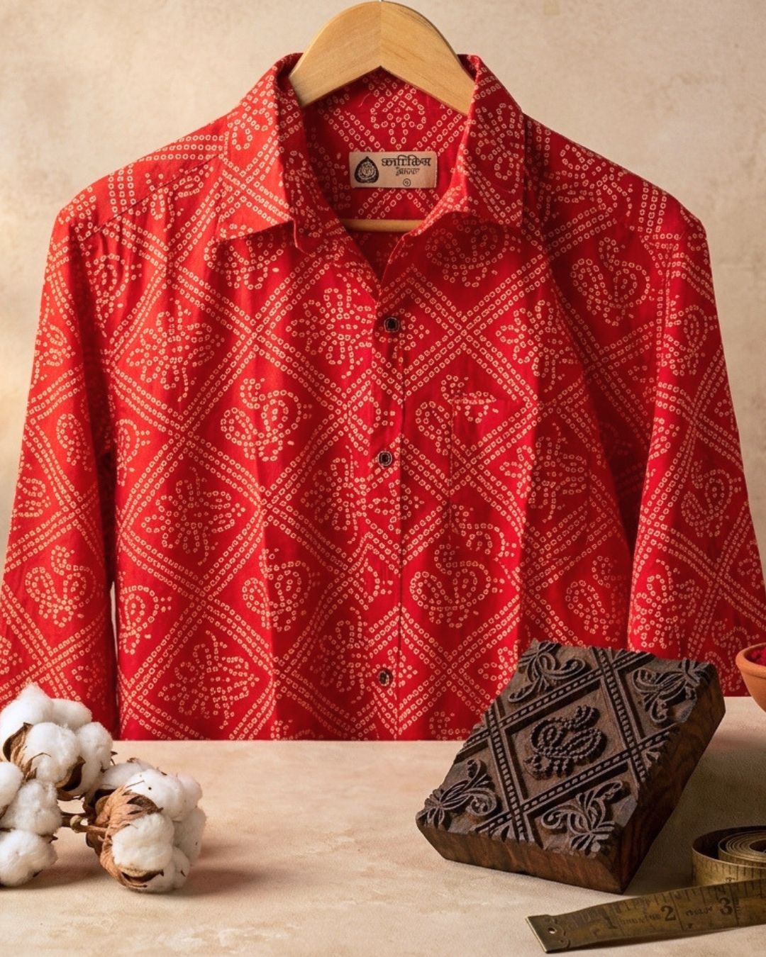 Bandhej Full Sleeves Cotton Roka Shirt For Men As Seen in CANNES FF 26 X ANSHUMAN JHA