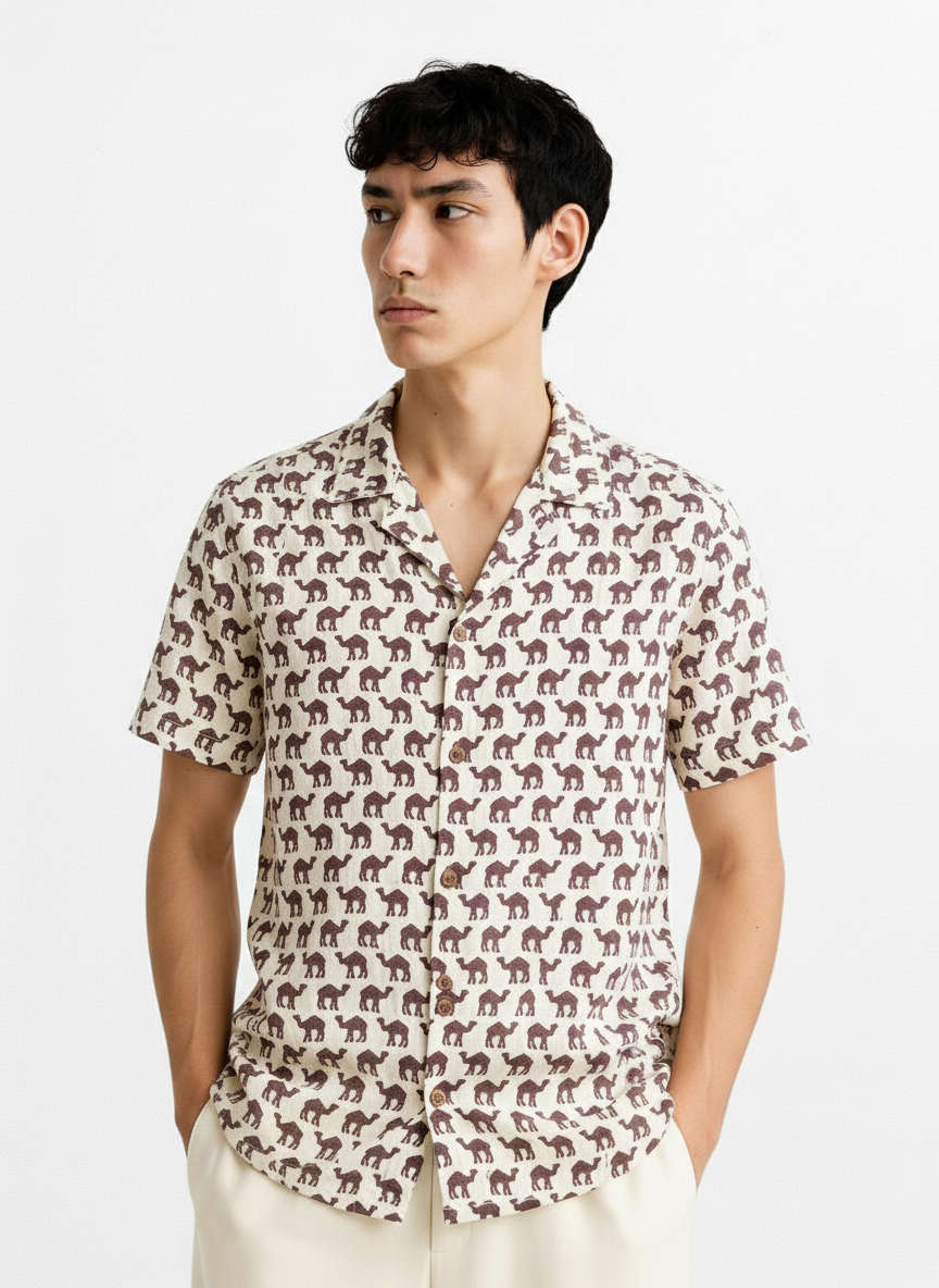 Brown Camel Print Cuban Shirt for Men