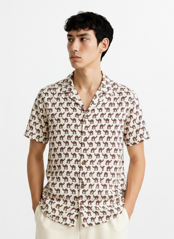 Brown Camel Print Cuban Shirt for Men