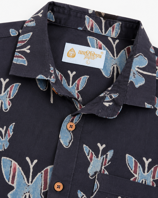 Classic Organic Ajrakh Butterfly Print Men's Half Sleeves Shirt