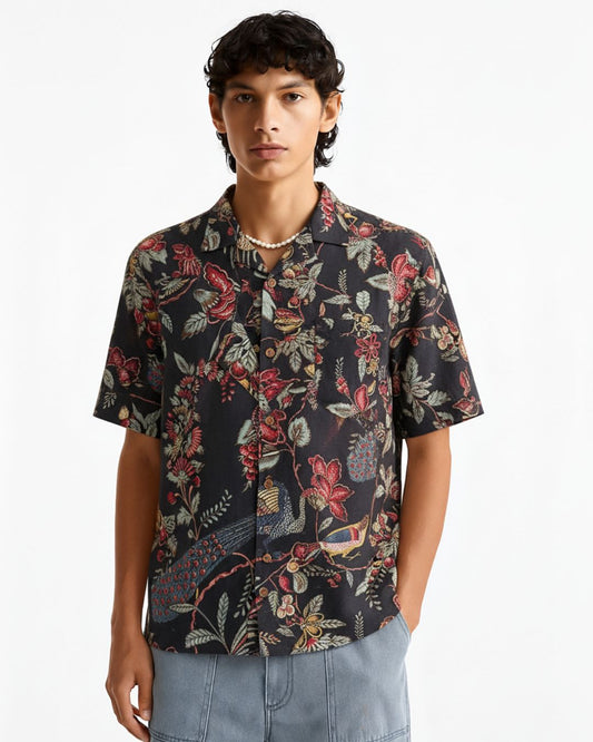 Jungle Print Cuban Collar Shirt for Men