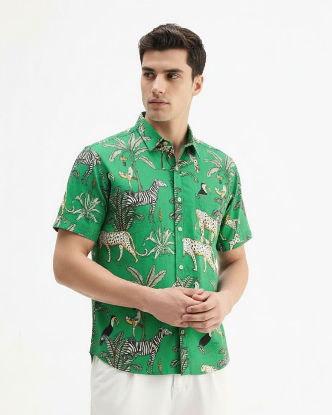 Jungle Print Vintage Cotton Half Sleeve Shirt for Men - Green