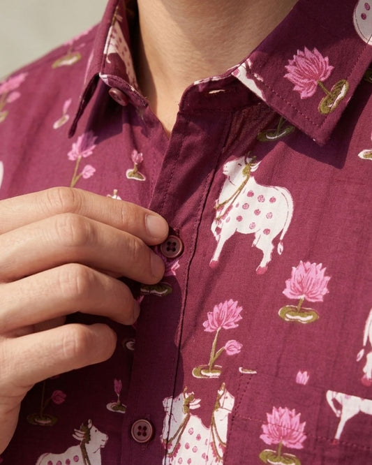 Pichwai Cow Maroon Full Sleeves Men Shirt