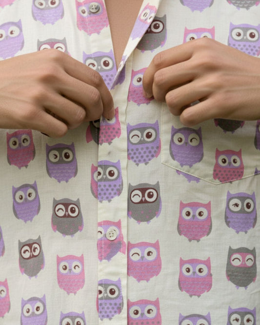 Full Sleeve Owl Print Shirt for Men pink