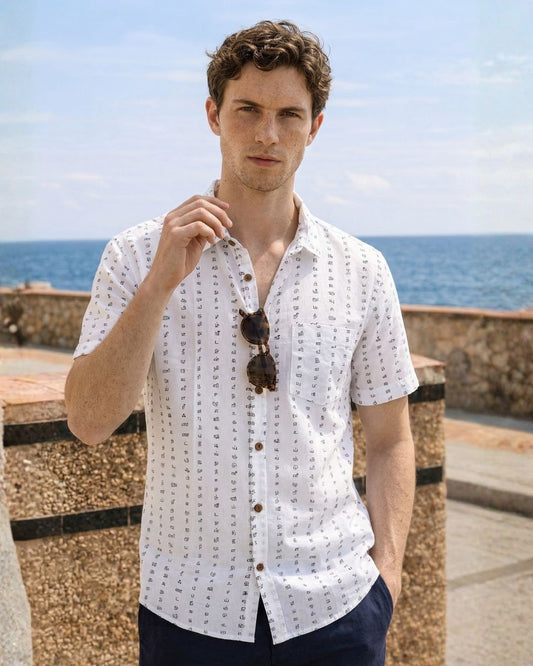 Tamil Alphabets Hand Block Classic Half Sleeves Shirt - Blue/Black