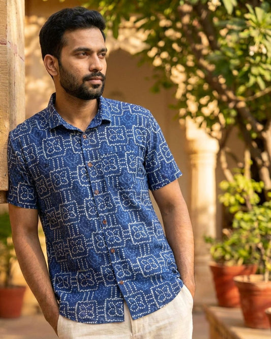 Ethnic Bandhani Men Indigo Shirt Half Sleeve