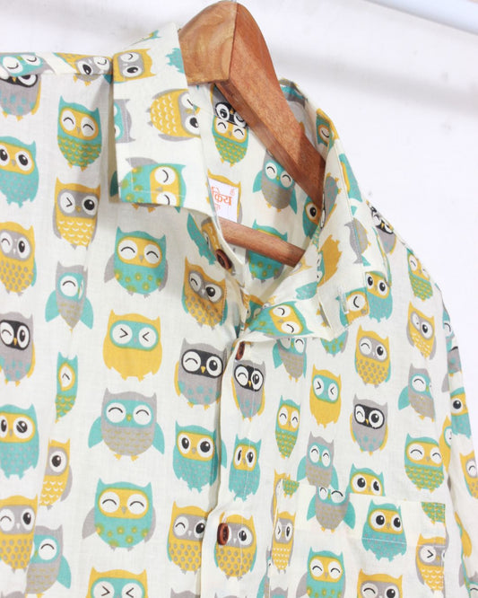 Full Sleeve Cute Owl Print Shirt for Men