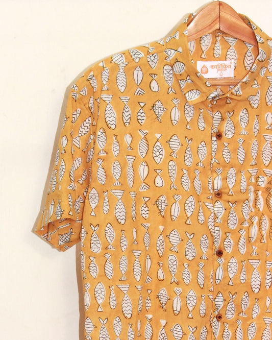 Quirky Fish Print Half Sleeve Shirt  - Mustard