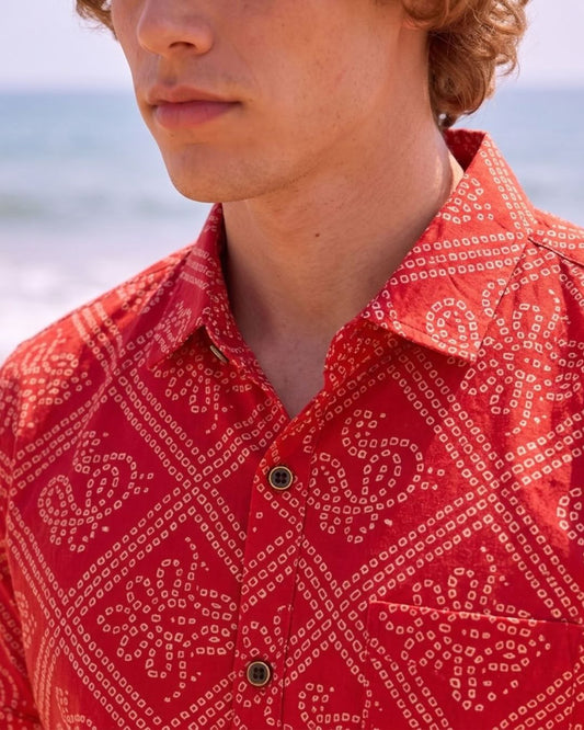 Cotton Half Sleeve Bandhej Print Roka Shirt for Men