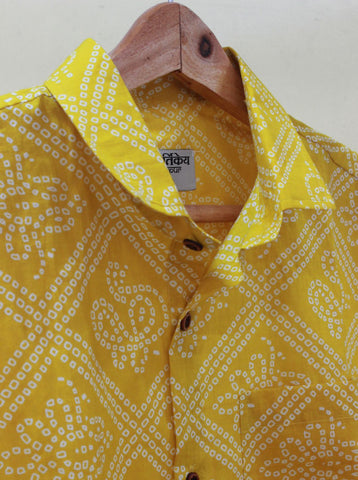 Cotton Half Sleeve Bandhej Haldi Print Shirt for Men