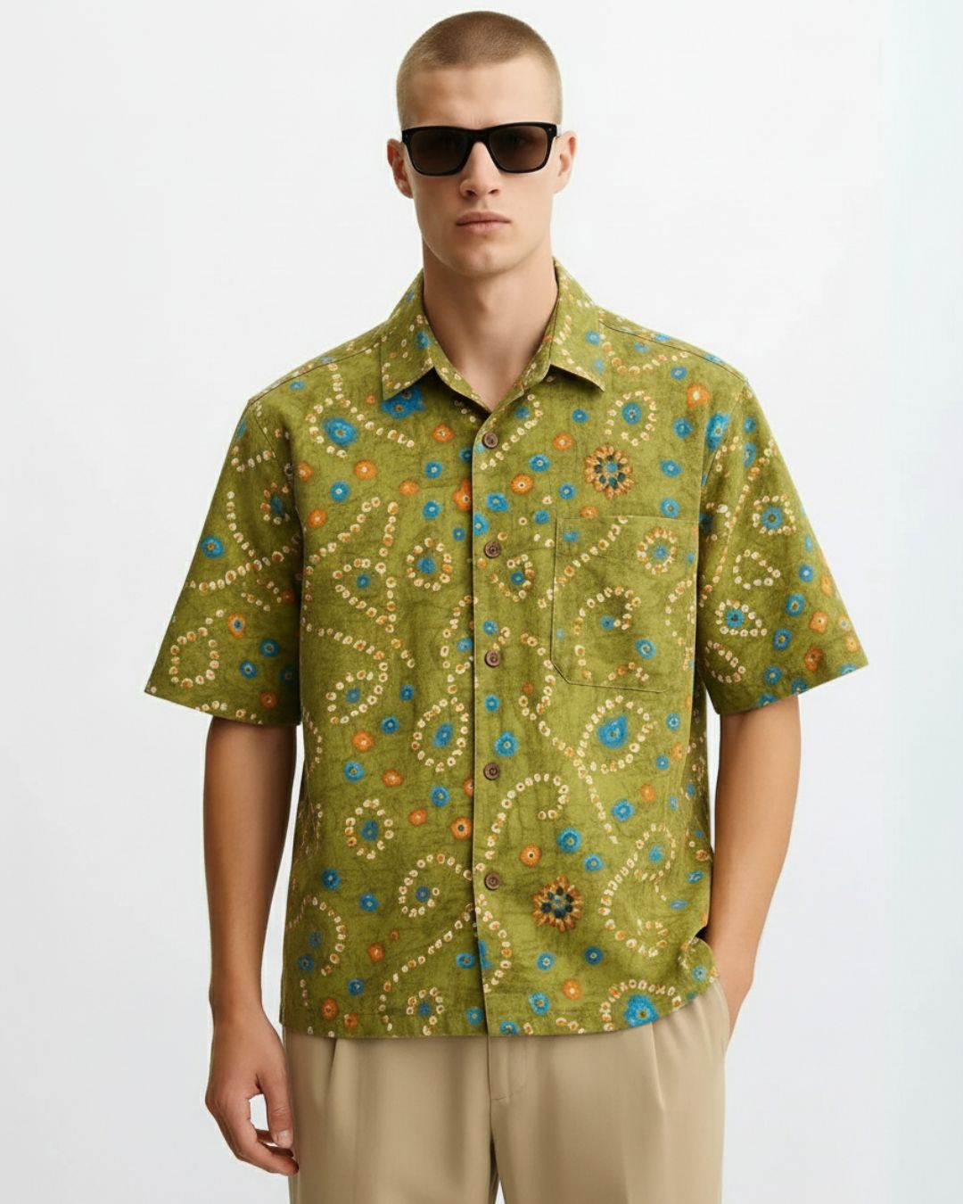 Olive Green Bandhej Print Men's Cotton Shirt