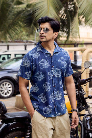 Organic Indigo Camera Print Shirts For Men