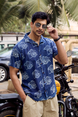 Organic Indigo Camera Print Shirts For Men