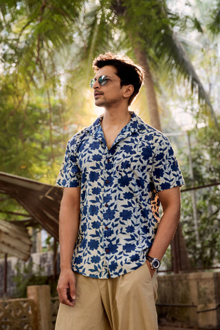 Organic Print Indigo Cotton Shirt for Men