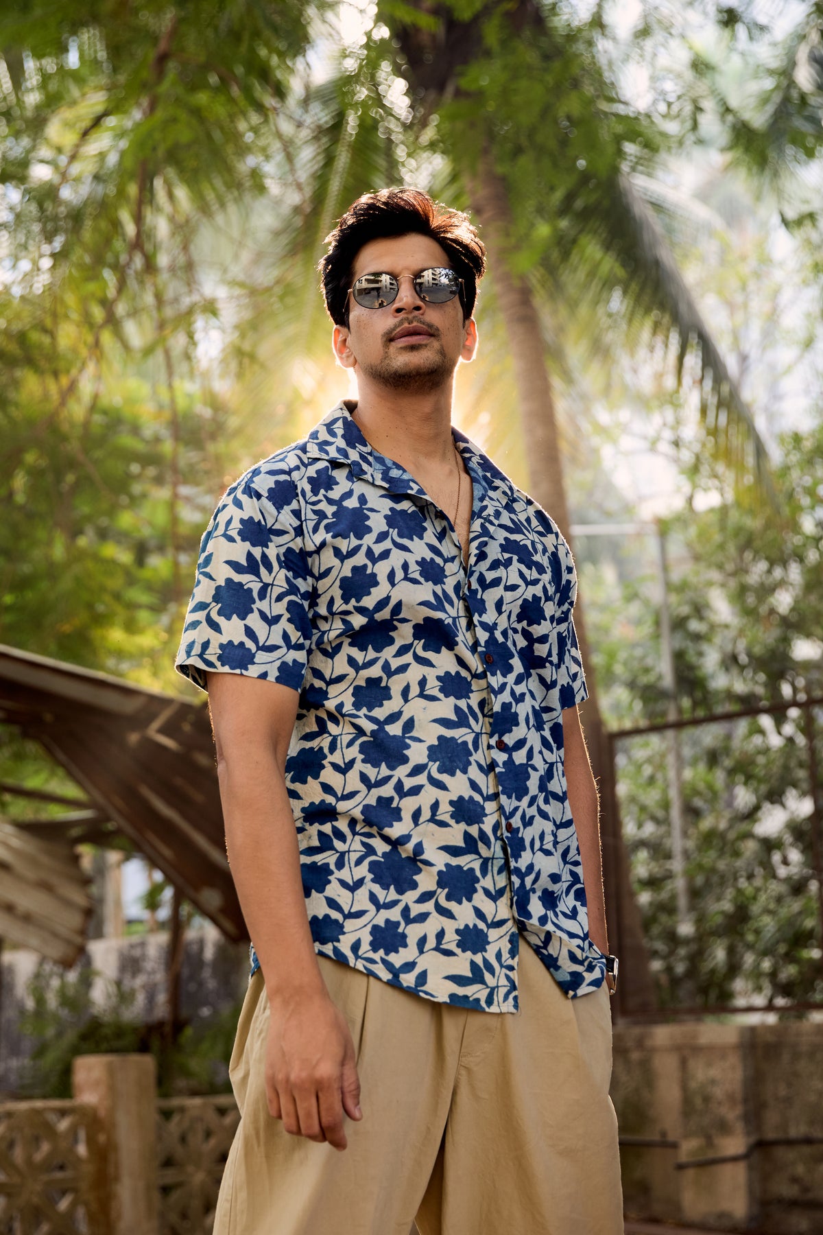 Organic Print Indigo Cotton Shirt for Men