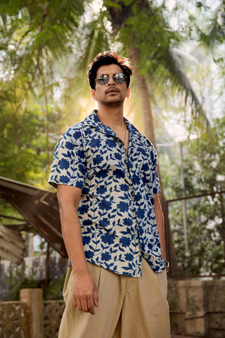 Organic Print Indigo Cotton Shirt for Men