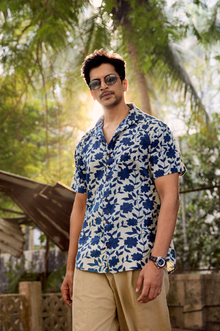 Organic Print Indigo Cotton Shirt for Men