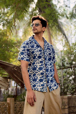 Organic Print Indigo Cotton Shirt for Men