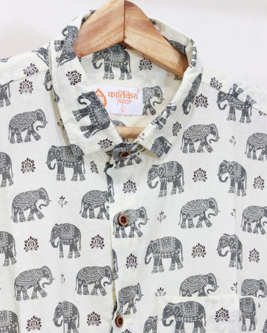 Grey Elephant Print Men's Cotton Shirt By Kartikeya Jaipur