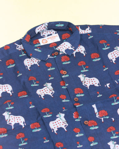 Blue Mens Pichwai Cow Half Sleeve Shirt