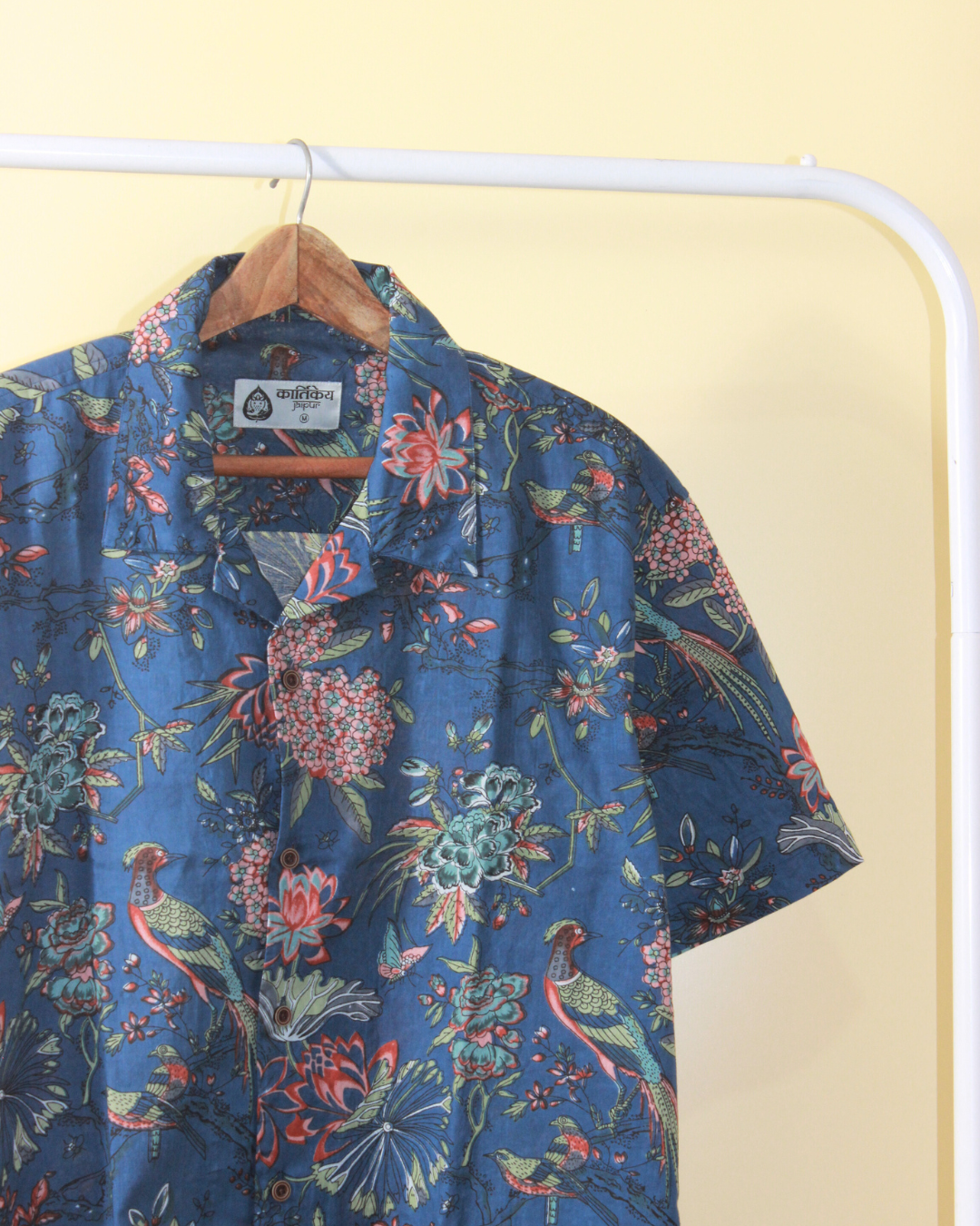 Blue Floral Print Cuban Collar Shirt