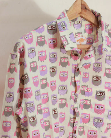 Full Sleeve Owl Print Shirt for Men pink