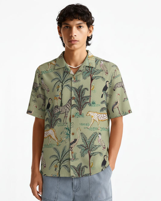 Jungle Print Cuban Collar Shirt for Men - Green