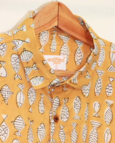 Quirky Fish Print Half Sleeve Shirt  - Mustard
