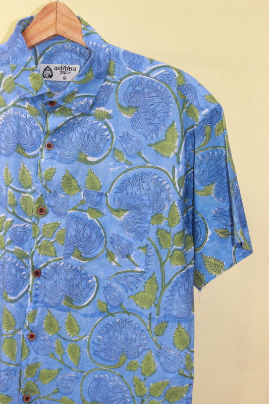Half Sleeve Hand Block Blue Shirt for Men