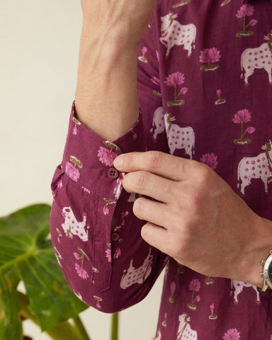 Pichwai Cow Maroon Full Sleeves Men Shirt