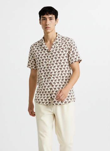 Brown Camel Print Cuban Shirt for Men