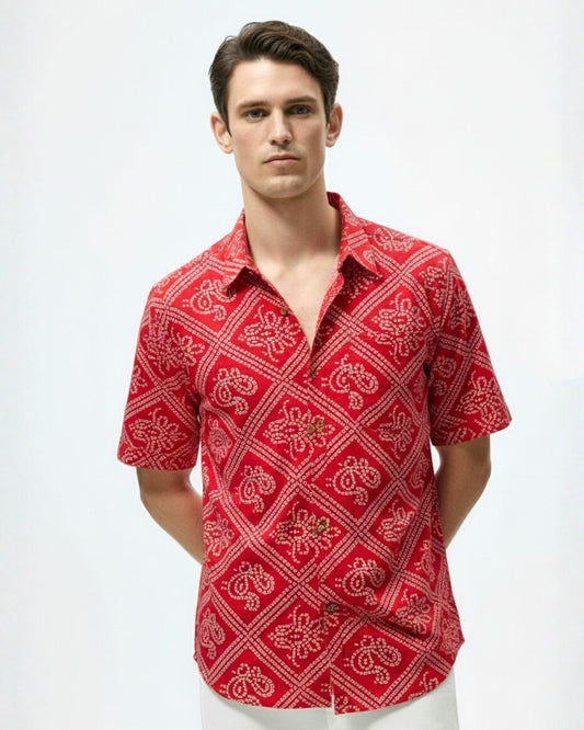 Cotton Half Sleeve Bandhej Print Roka Shirt for Men