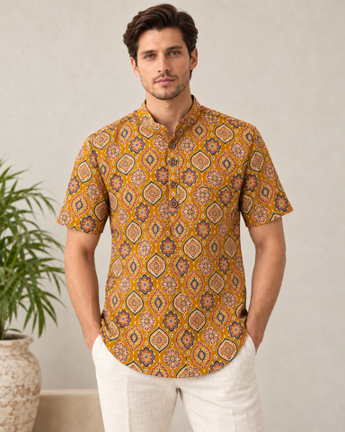 Kalamkari Print Half Sleeve Cotton Short Kurta for Men