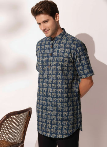 Elephant Print Half Sleeve Cotton Short Kurta for Men