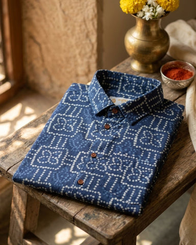 Ethnic Bandhani Men Indigo Shirt Half Sleeve