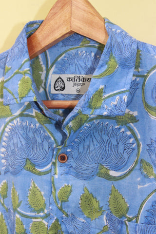 Half Sleeve Hand Block Blue Shirt for Men