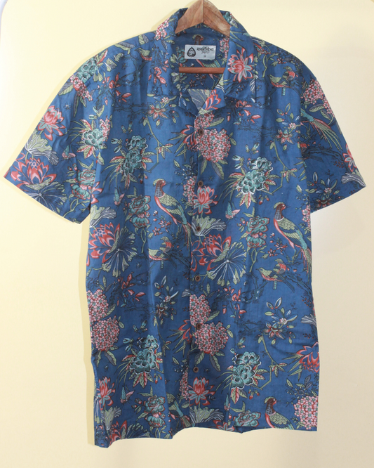 Blue Floral Print Cuban Collar Shirt