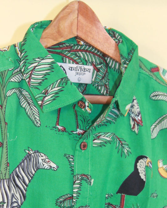 Jungle Print Vintage Cotton Half Sleeve Shirt for Men - Green