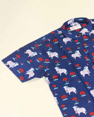 Blue Mens Pichwai Cow Half Sleeve Shirt