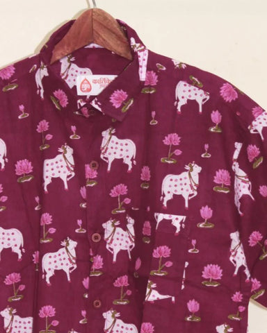 Pichwai Cow Maroon Full Sleeves Men Shirt