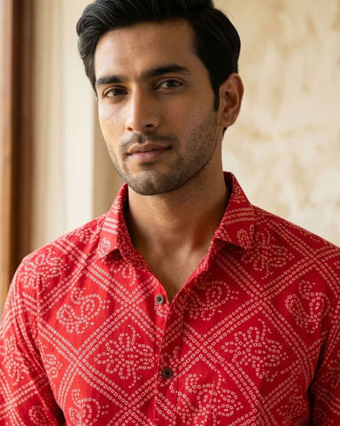 Cotton Half Sleeve Bandhej Print Roka Shirt for Men
