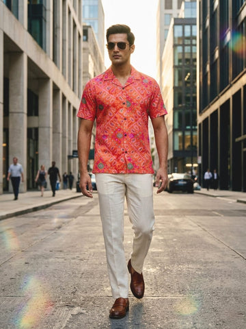 Classic Orange Bandhani Print Cuban Collar Shirt for Men