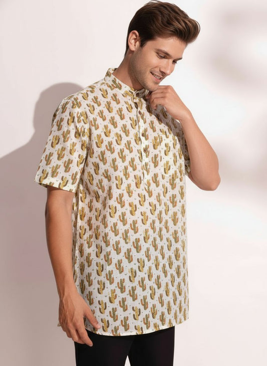 Cactus Print Half Sleeve Cotton Short Kurta for Men