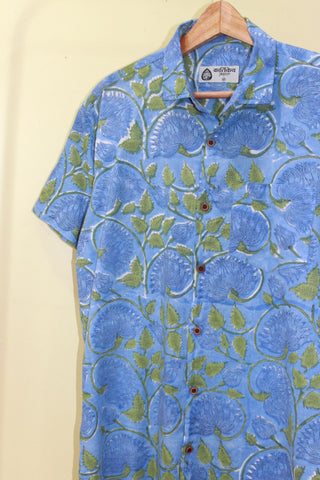 Half Sleeve Hand Block Blue Shirt for Men