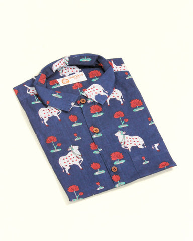 Blue Mens Pichwai Cow Half Sleeve Shirt