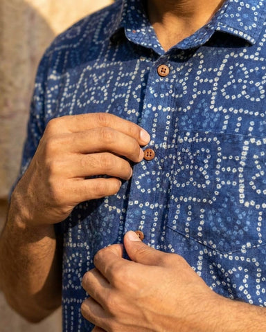 Ethnic Bandhani Men Indigo Shirt Half Sleeve