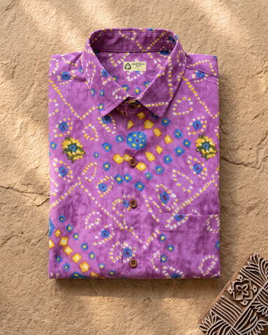 Purple Bandhej Print Men's Cotton Shirt
