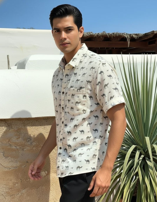 Traditional Camel Print Cotton Half Sleeve Shirt for Men